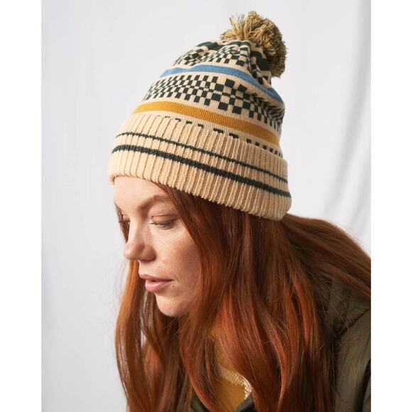 NWT UNITED BY BLUE Recycled Novelty Pom Beanie Shortbread Ribbed Wool Blend Hat - Picture 1 of 9
